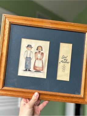 Framed Folk Art Print "Love One Another" - Navy Mat & Oak Frame